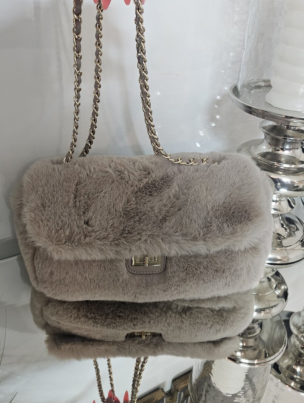 Faux Fur Shoulder Bag in Taupe with Gold Chain